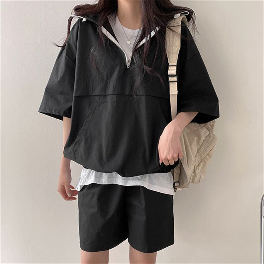 ZLLKL 2025 Korean version of solid color fashion casual short-sleeved suit women's summer new fashion loose hooded sportswear versatile