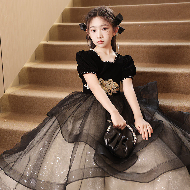 ZllKl Children's Dress Princess Dress Girls Evening Dress Light Luxury Minority High-End Black Host Piano Performance Costume