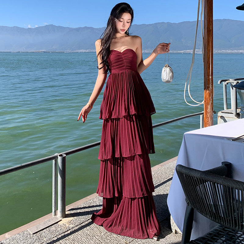 2025 pleated temperament skirt tube top cake skirt pleated high-end dress dress long skirt to ankle super long
