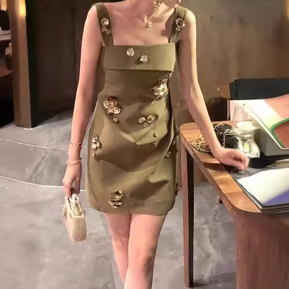 2025 Spot heavy industry celebrity bead three-dimensional flower suspender tube top skirt women's summer light luxury a-word dress