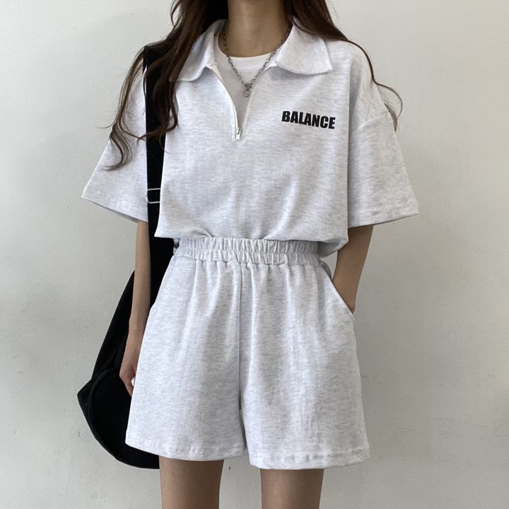 ZllKl Wholesale high-end zipper set women's short-sleeved shorts two-piece set solid color Korean version cotton summer sportswear fashion casual