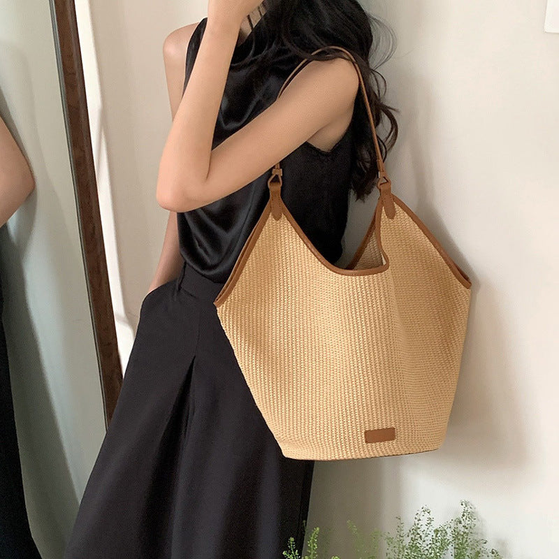 ZllKl Straw Large Capacity Bag Female Tote Bag New Summer Casual Shoulder Big Bag Commuting Woven Bucket Bag