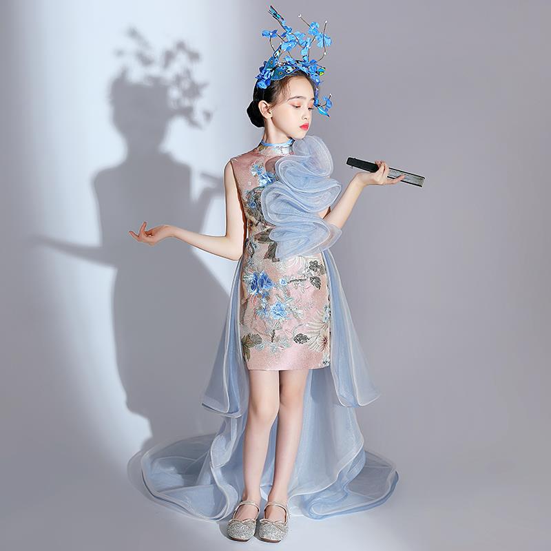ZllKl National Fashion Girls Catwalk Dress Exaggerated Chinese Style Children's Model T Stage Fashion Costume Domineering Trendy Clothes Trailing