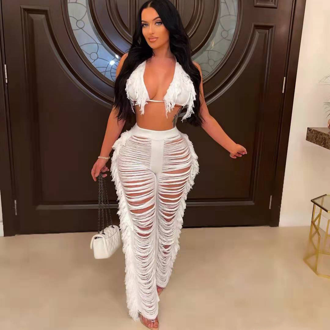 2025 supply New women's clothing Solid color bikini fringed knitted beach pants suit Sexy and fresh
