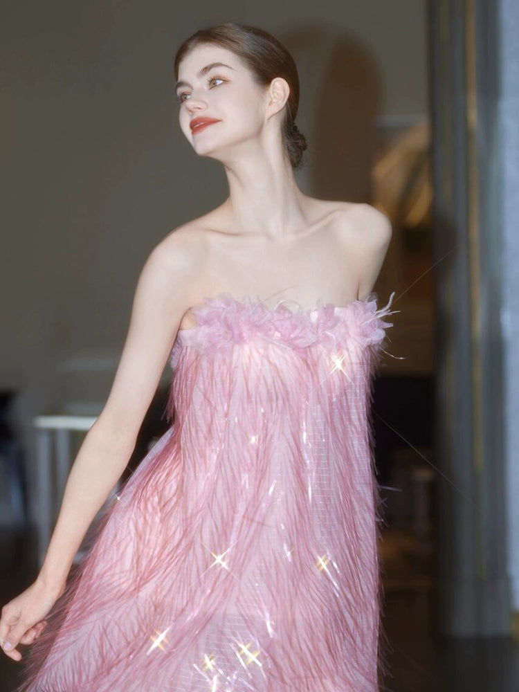 Pink morning robe woman 2025 new temperament light luxury tube top bridal engagement dress banquet birthday super fairy dress