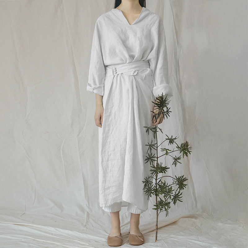 design literary and simple v-neck linen robe, new Chinese loose and thin belt dress L22180