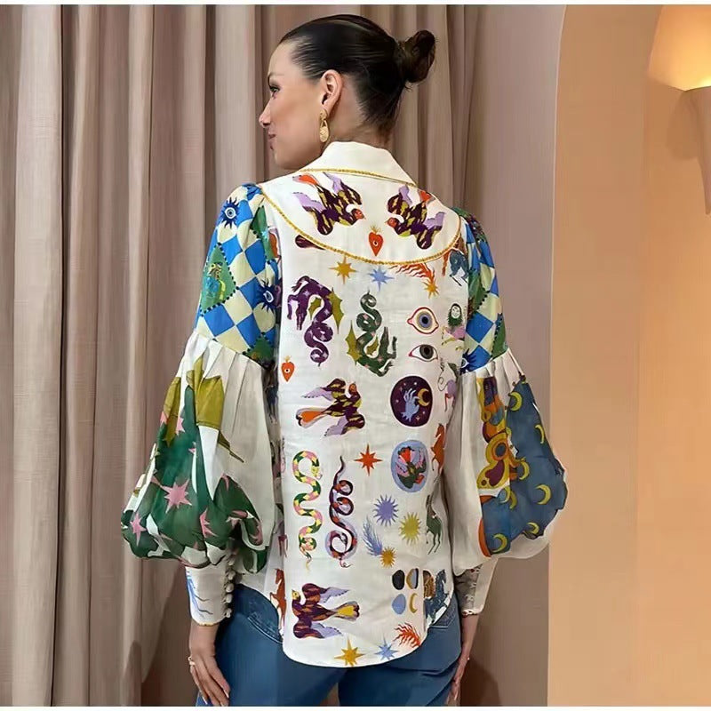 zllkl Autumn New Niche Design Single-Breasted Lapel Print Lantern Sleeve Temperament Long Sleeve Shirt for Women