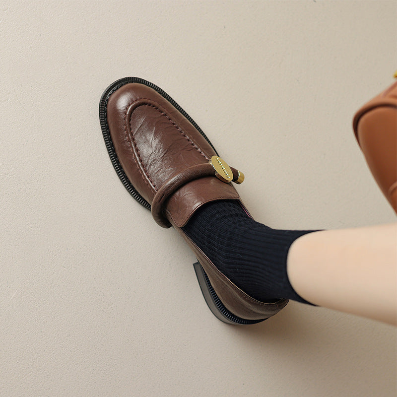 2025 Retro gold buckle thick heel loafer single shoes women's British style small leather shoes