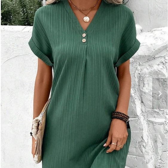 ZllKl Cross-Border European and American Women's Clothing New V-neck Solid Color Pullover Comfort and Casual Button Dress