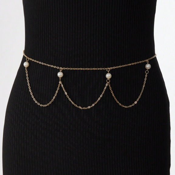FB3370 2025 waist chain simple pearl joint cross wave fringe pendulum chain waist chain body chain
