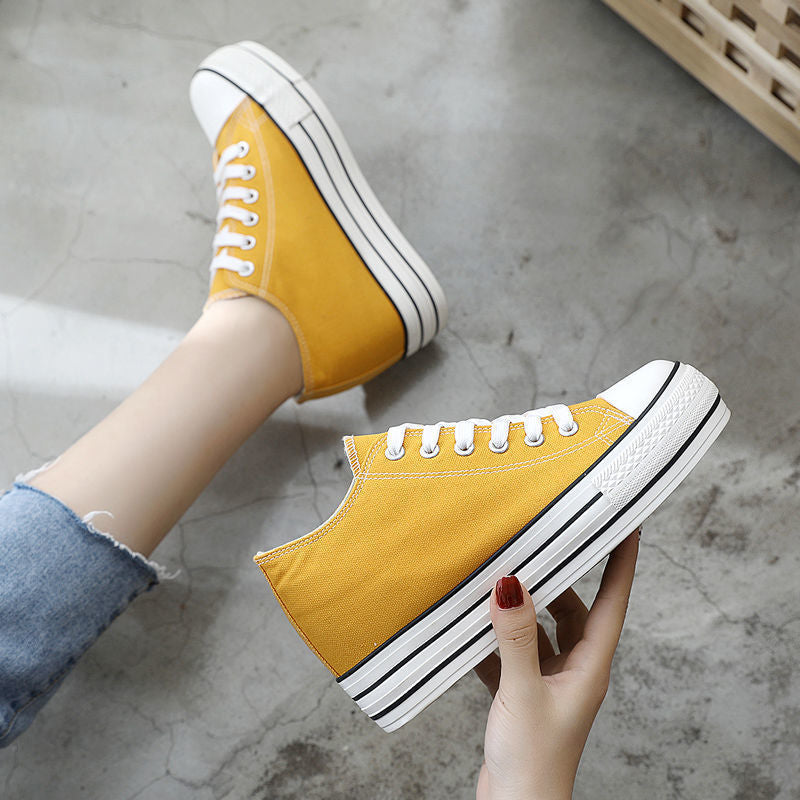 ZllKl Universal Summer Women's Shoes Fashionable Height Increasing Insole Canvas Shoes Female Students Korean Style Versatile White Shoes Women's Platform Sneakers