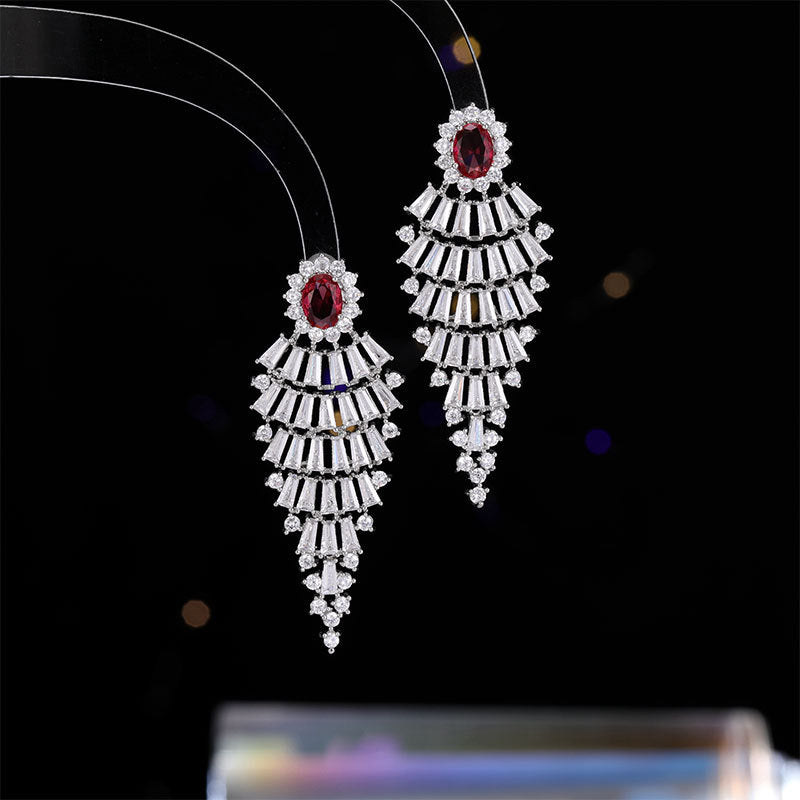 2025 Flowering with the same elegance temperament exaggerated zircon earrings full of colored treasures heavy industry earrings bridal banquet earrings