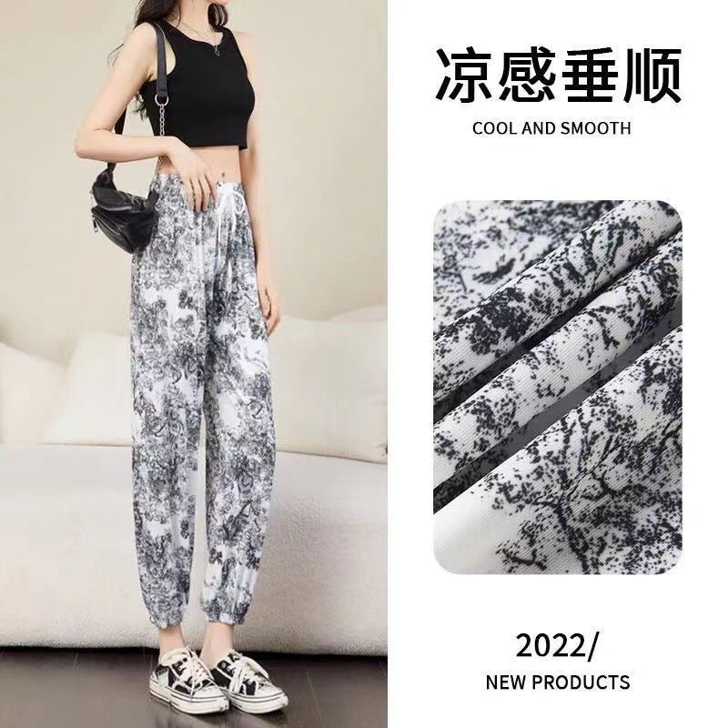 ZllKl Ice Silk Plaid Casual Pants Women's Summer Thin Cool Women's Lantern Pants Large Cropped Casual Harem Tappered Pants