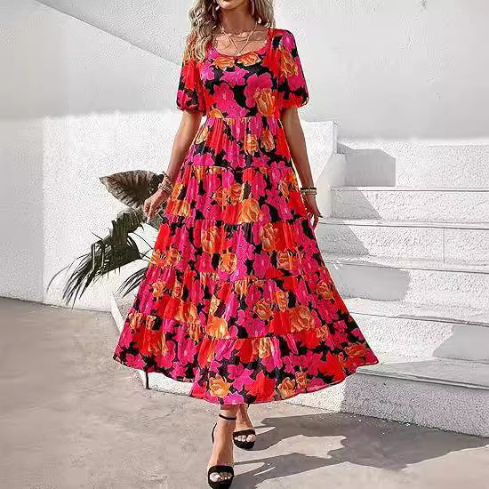 ZllKl European and American Foreign Trade Cross-Border Women's Clothing Bubble Sleeve Pleated Backless Print Layered Short Sleeve Dress