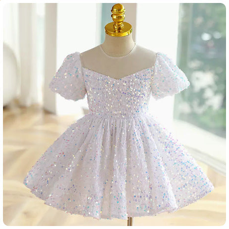 ZllKl Blue Sequined Children's Dress Girl Princess Dress Birthday Full-Year Baby Girl Catwalk Host Piano Performance Wear