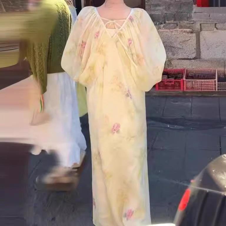 2025 Spot design sense classical dress women's popular spring new V-neck long-sleeved women's clothing temperament long skirt