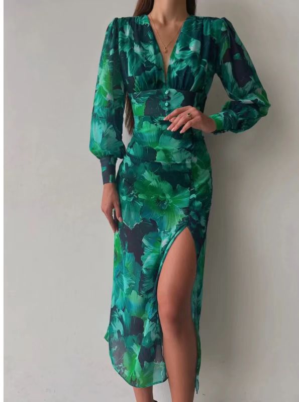 ZllKl Cross-Border Spring and Summer New Women's Clothing Dress V-neck REDLEAF Printed Foreign Trade Dress Large Swing Skirt