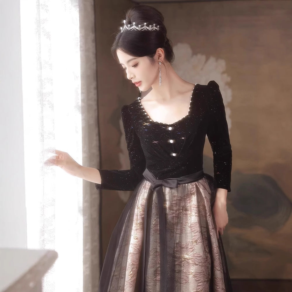 2025 Black evening dress women's 2025 new long-sleeved student art examination banquet temperament host dress spring and autumn style