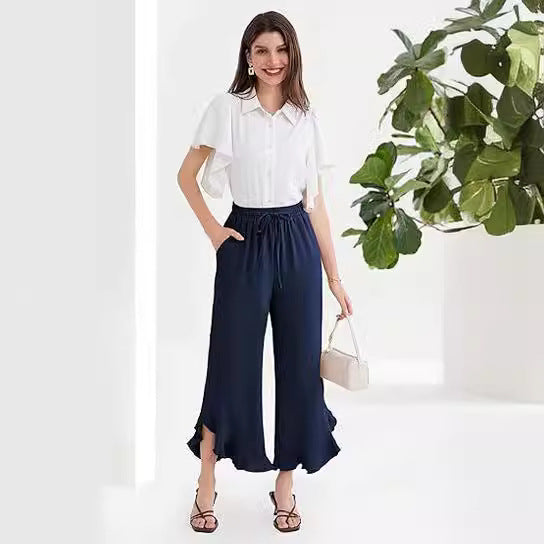 ZllKl Popular Cross-Border Temu European and American Summer Loose Casual Fashion Ruffled Bell-Bottoms Ankle-Length Pants Women