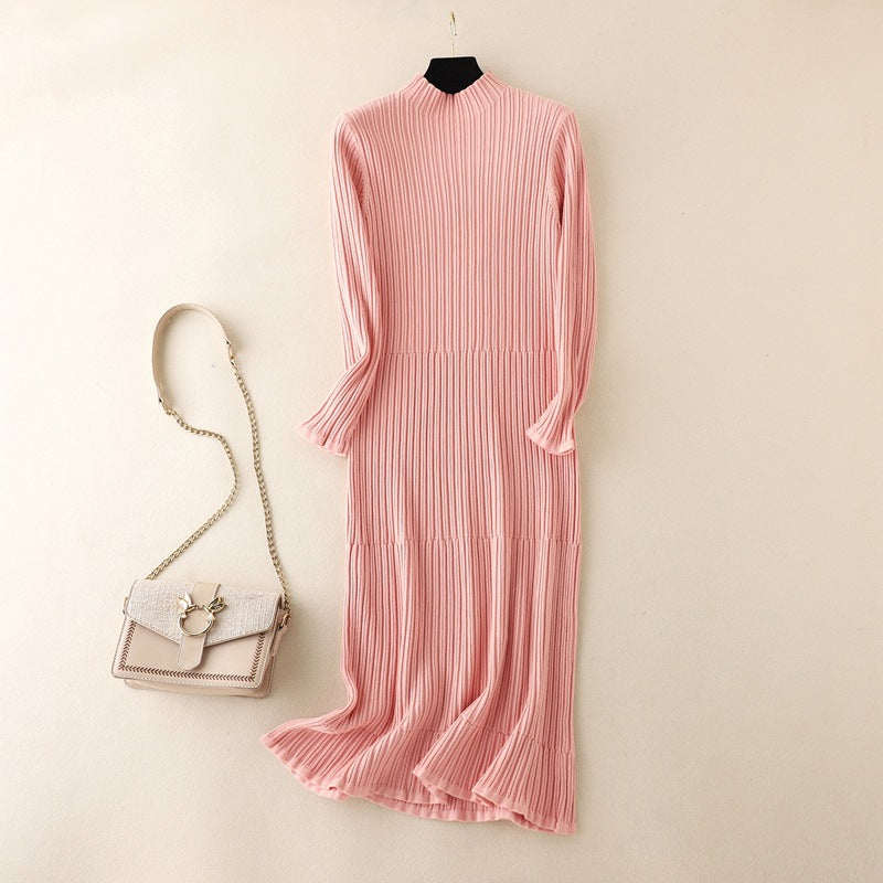 ZllKl women's clothing, knee-length dress New autumn and winter new women's semi-turtleneck striped knitted primer dress slim fit