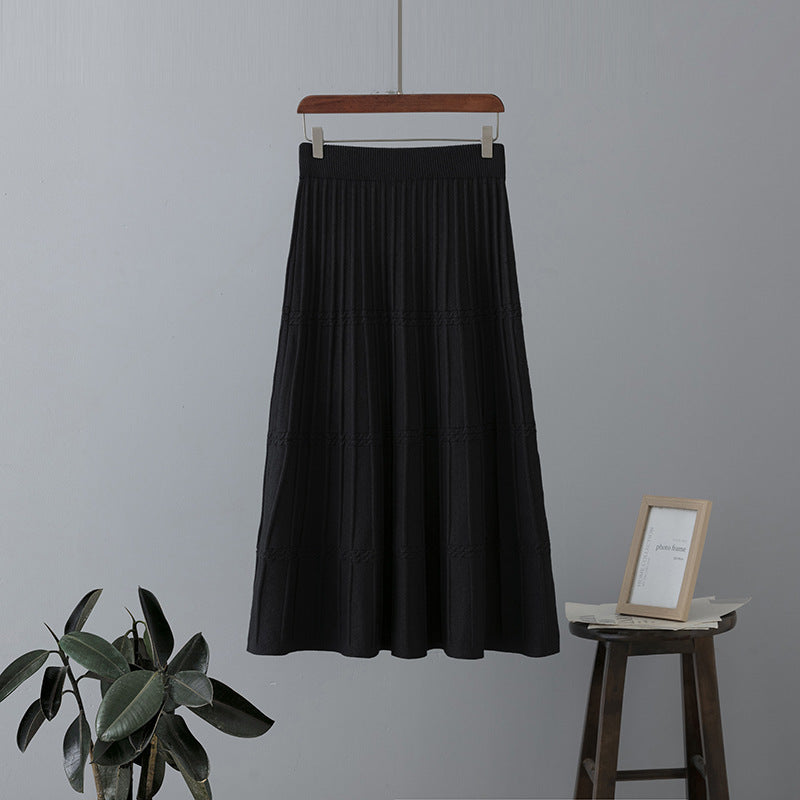 ZllKl Wool knitted skirt women's medium and long thickened autumn and winter new high-waisted and thin a-word pleated skirt big swing umbrella skirt