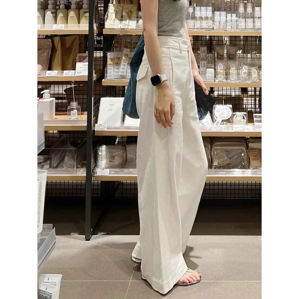 ZllKl Early Spring New Small White Cotton Linen Wide Leg Pants High Waist Drooping Slimming Straight Casual Pants Women's Clothing