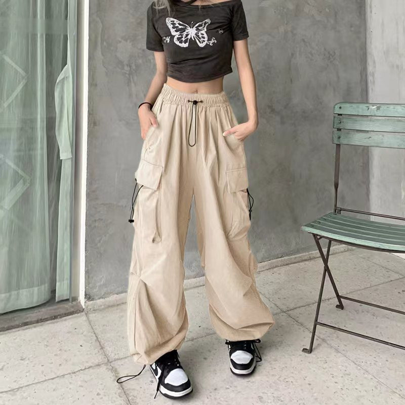 ZllKl Nylon Quick-Drying Overalls Women's Summer New American Parachute Pants High Waist Wide Leg Leisure Drawstring Sports Pants