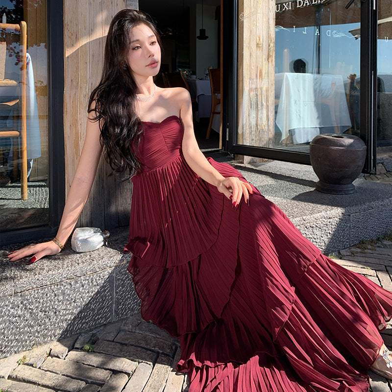 2025 pleated temperament skirt tube top cake skirt pleated high-end dress dress long skirt to ankle super long