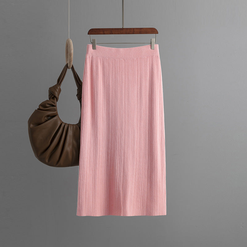 ZllKl Rear split knitted pit strip skirt solid color elastic waist elastic hip wrap temperament thin wool skirt autumn new