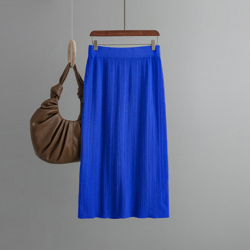 ZllKl Rear split knitted pit strip skirt solid color elastic waist elastic hip wrap temperament thin wool skirt autumn new