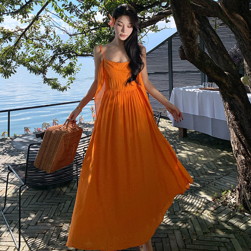 2025 vacation style orange suspender A-word dress summer dopamine vacation beautiful temperament waist long skirt