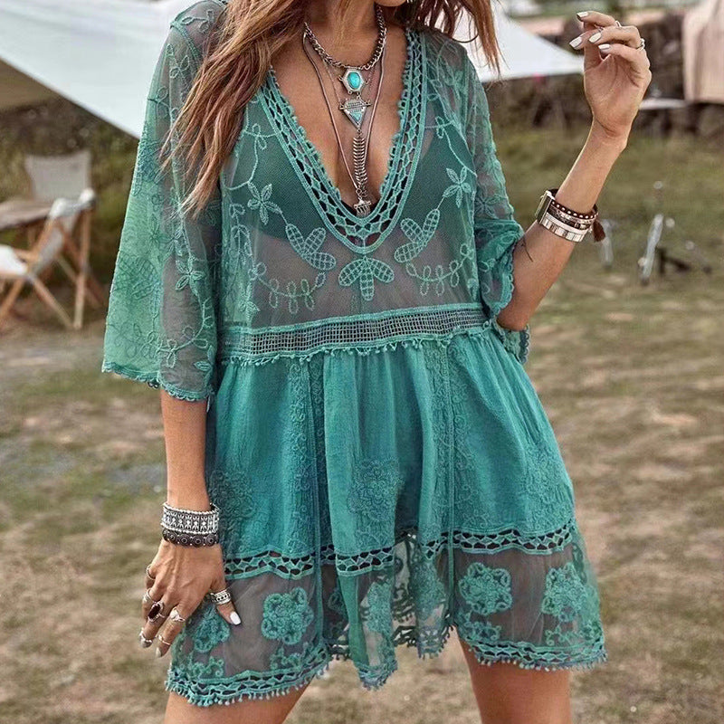2025 sunscreen shirt sexy lace loose beach vacation blouse skirt bikini jacket swimsuit women
