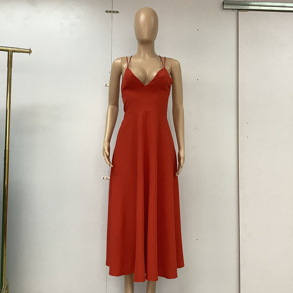 ZllKl Spring/Summer Cross-Border Women's Clothing Solid Color Hepburn Style Strap Dress Tube Top Stitching Midi Dress
