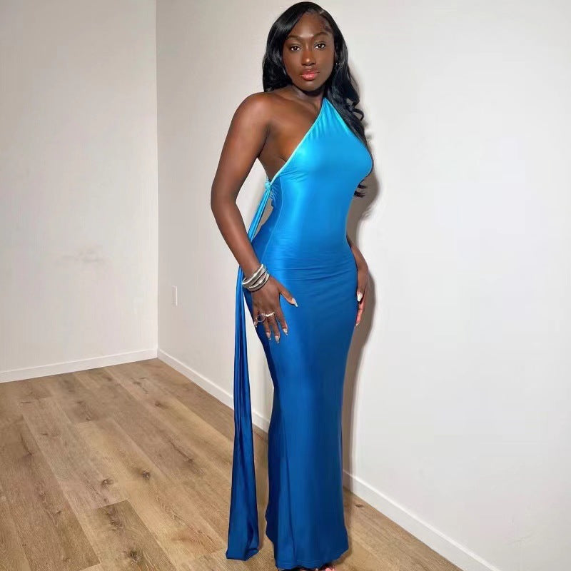 Y6028 European and American Women's Clothing 2025 Hot Summer Sleeveless Oblique Shoulder Gradient Color Sexy Slim Hip Dress Long