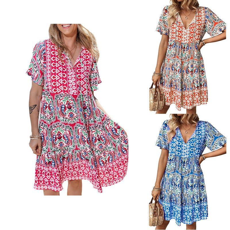 Zllk European and American Cross-Border Summer New V-neck Dress Fashion Loose Bohemian Printed Short Skirt