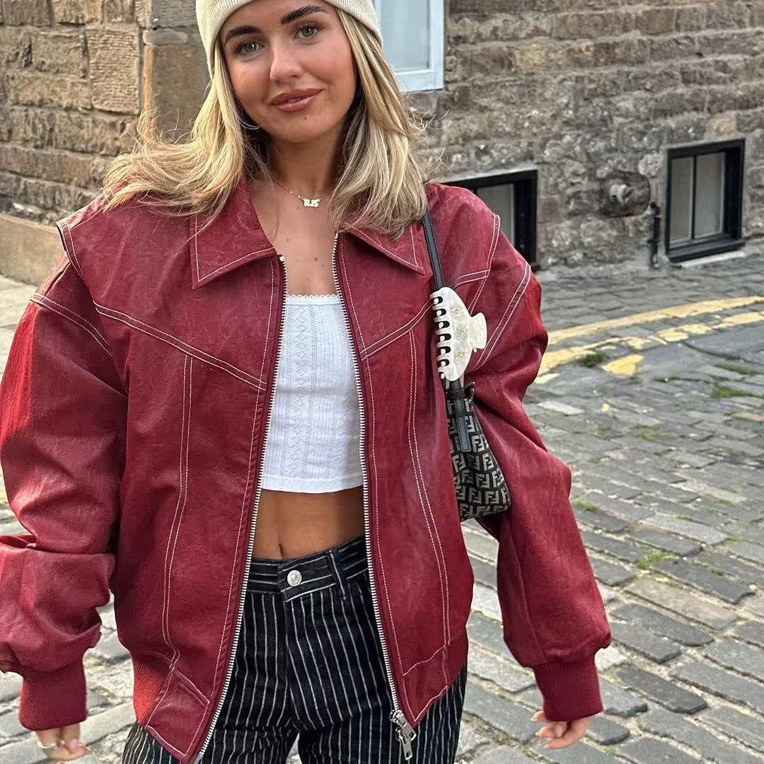 European and American cross-border women's clothing 2023 autumn and winter new PU leather couple loose American casual retro ruffian handsome locomotive leather jacket