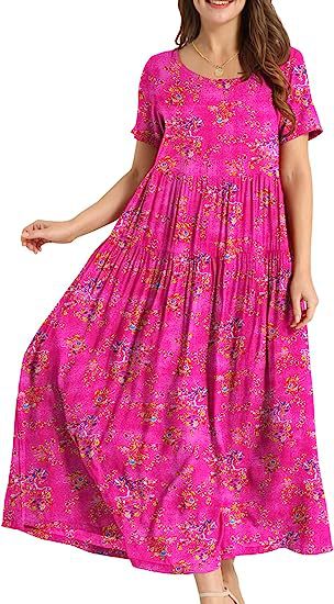 ZllKl Summer Beach Midi Dress Comfortable Pleated Dress Casual Loose Floral Dress