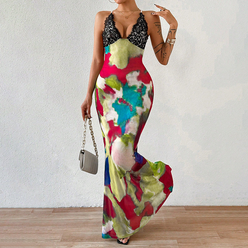 2025 D24DS214 women's clothing summer new temperament V-neck suspender backless slim high-waisted fishtail long dress
