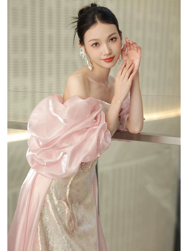 Morning robe female bride tube top high-end pink super fairy thousand gold style dress skirt engagement and coming-of-age ceremony toasting clothes