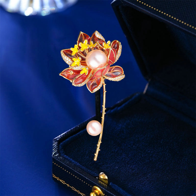 2025 New Elegant Freshwater Pearl Lotus Brooch National Style Enamel Zirconium Lotus Brooch Jacket Pin Cheongsam Accessories