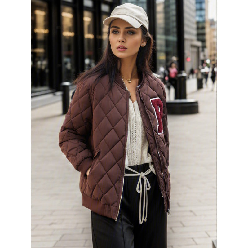 Chinese and American letters P retro down cotton-padded clothes new short jacket 2025 autumn and winter college style loose baseball jersey women