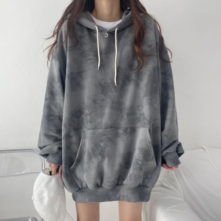 ZLLKL 2025 Cotton sweater women's hooded new women's clothing loose autumn and winter thickened velvet thin large size top tie-dye