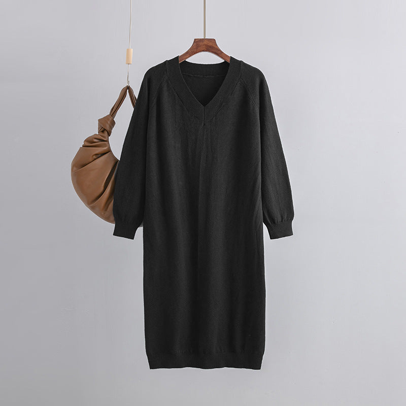 ZllKl V-neck large-size knitted dress for thin women in autumn and winter, casual and loose to cover their stomachs