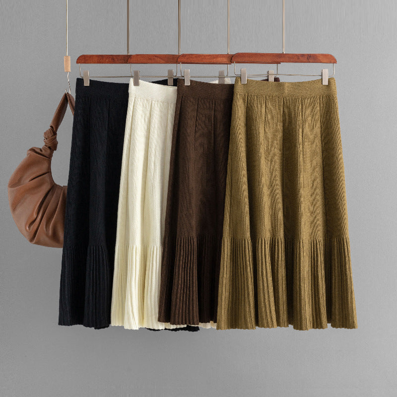 ZllKl Hot trade New Korean version of solid color knitted skirt, fashionable, simple and versatile, high waist and thin pleated skirt, medium and long women