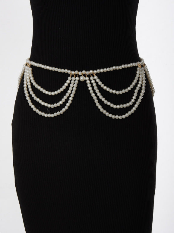 MW3318 2025 waist chain simple personality multi-layer wave fringe pendulum chain pearl chain waist chain waist decoration