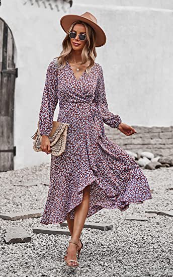 Zllk In Stock! European and American Foreign Trade Women's Long Sleeve Wrap Dress Flower Printed V-neck Autumn and Winter Dress