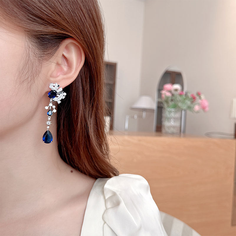 2025 Cross-border luxury zircon earrings, moon octagram water droplets asymmetrical long bridal dress dinner earrings