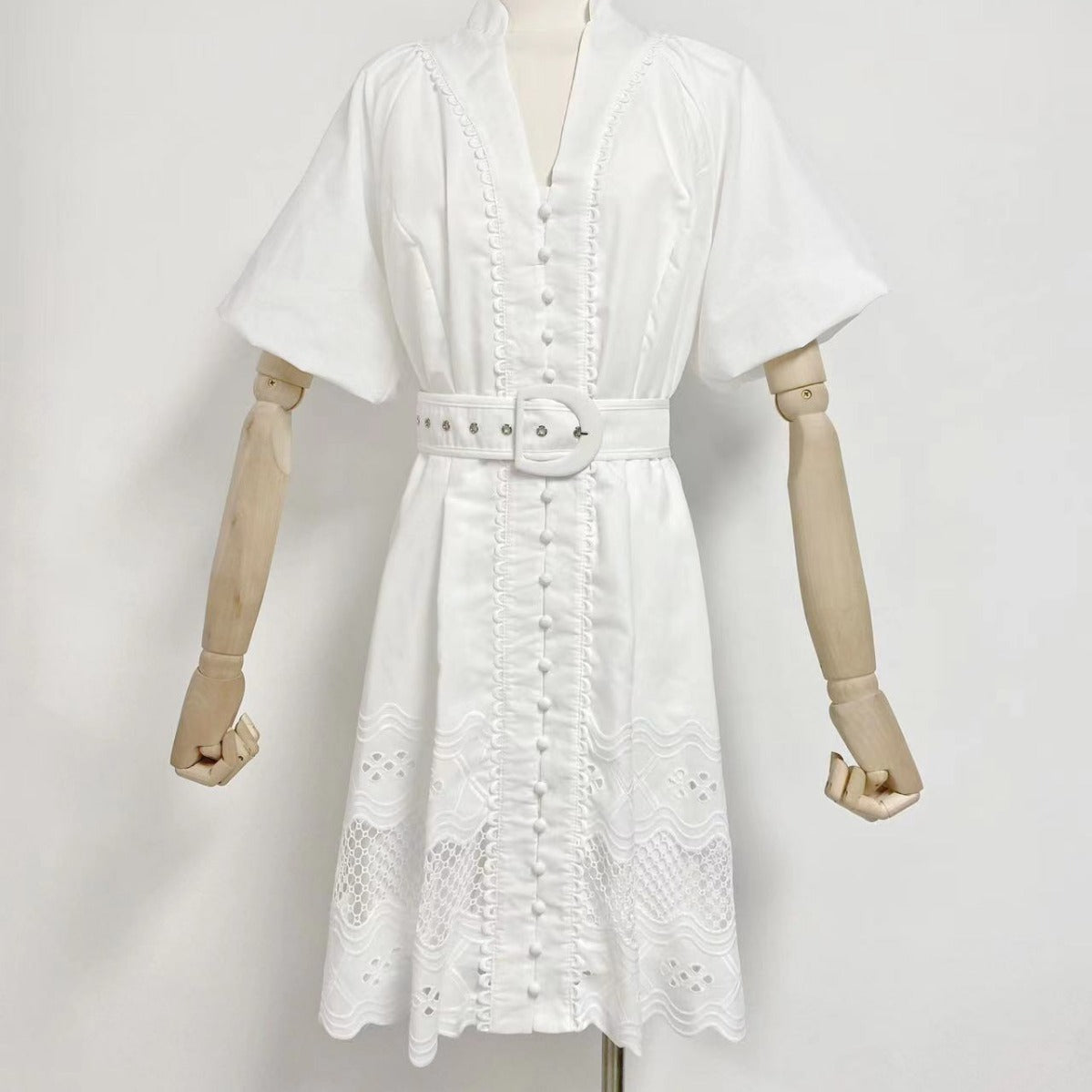 European and American Hot Trade 2023V Collar Puff Sleeve Single-Breasted Belt Waist Trimming Short Dress Women