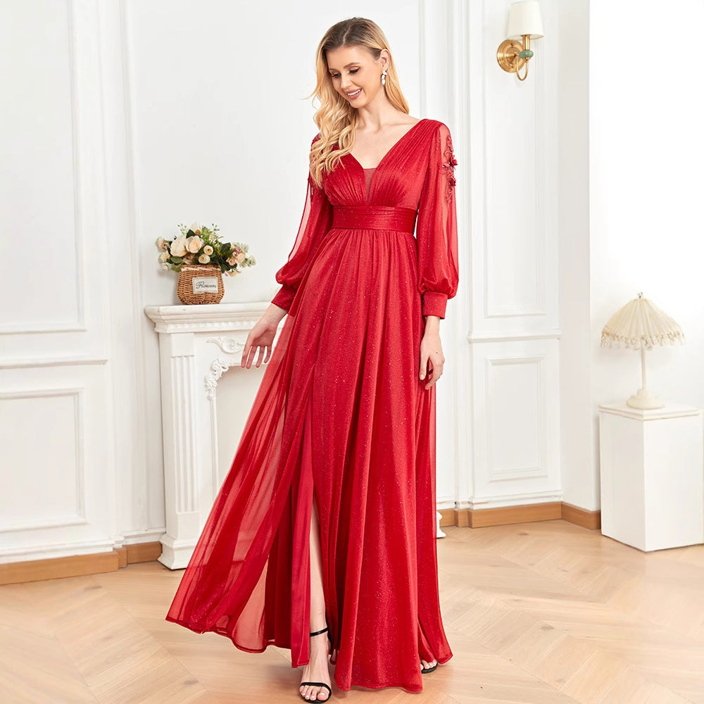 2025 new long-sleeved evening dress women's banquet sexy temperament slit V-neck banquet dress Popularan warehouse supply