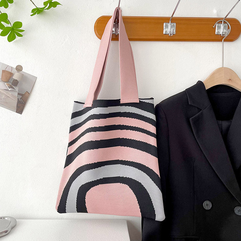 ZllKl Cross-Border Knitted Shoulder Hand Holding Tote Simple Striped Student Shopping Canvas Bag Large Capacity Women's Bag